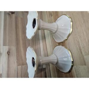 Vintage Lenox Ivory Porcelain Candlesticks - 24k Gold Hand Painted Set of 2
